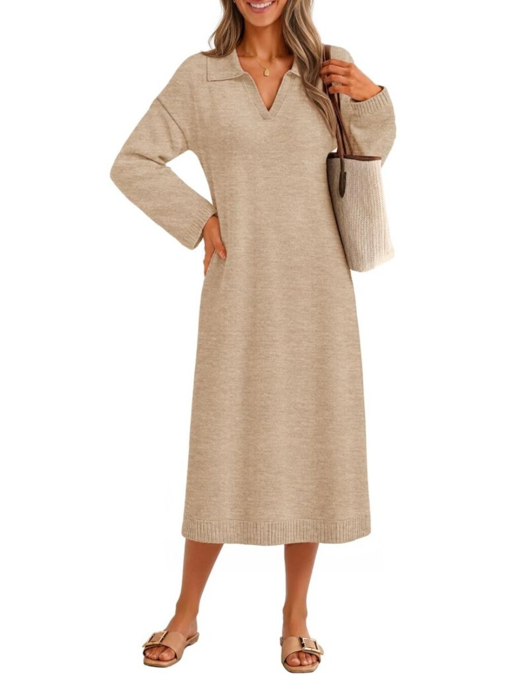 Cozy Women's Fall Midi Sweater Dress - Long Sleeve V-Neck Knit Dress